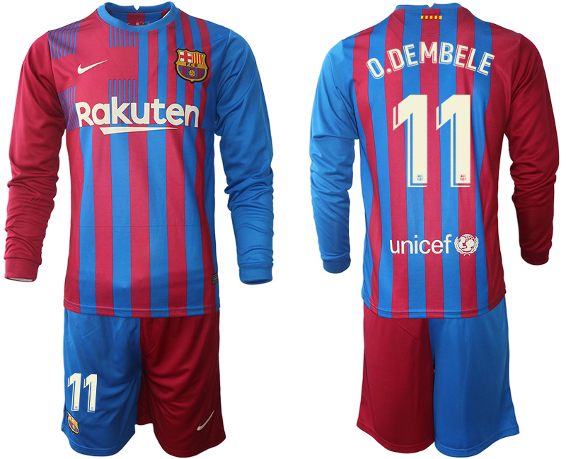 Men 2021-2022 Club Barcelona home red blue Long Sleeve #11 Nike Soccer Jersey